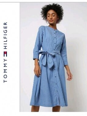 Tommy Hilfiger Shirt Dress Midi Length Button Front Belted A- Line Blue Stripe
